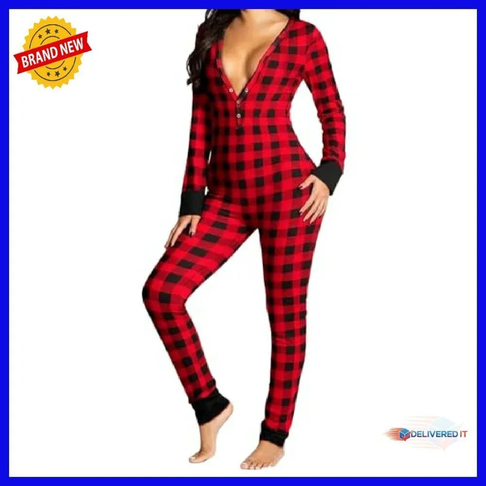 Women's Long Sleeve V-Neck Jumpsuit Pajamas with Drop Seat Butt Flap